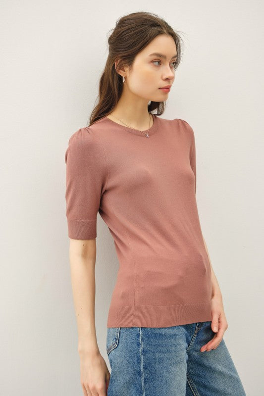 Ellison Shirred Sleeve Knit Top – Soft Short Sleeve Sweater Tee, Casual to Classic Pullover: Red Brown