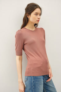 Ellison Shirred Sleeve Knit Top – Soft Short Sleeve Sweater Tee, Casual to Classic Pullover: Red Brown