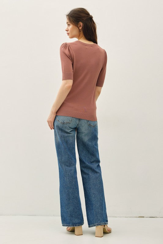 Ellison Shirred Sleeve Knit Top – Soft Short Sleeve Sweater Tee, Casual to Classic Pullover: Red Brown