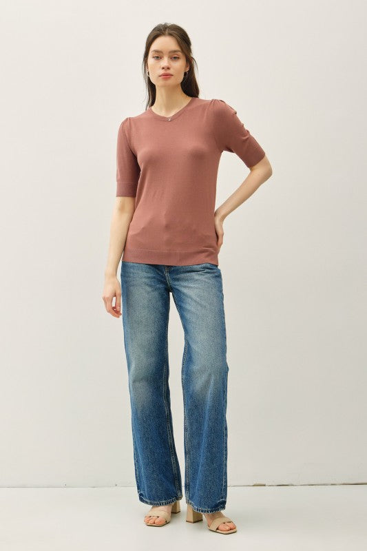 Ellison Shirred Sleeve Knit Top – Soft Short Sleeve Sweater Tee, Casual to Classic Pullover: Red Brown