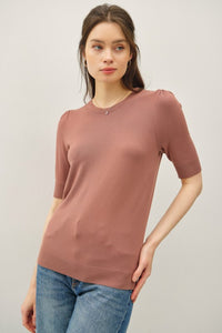 Ellison Shirred Sleeve Knit Top – Soft Short Sleeve Sweater Tee, Casual to Classic Pullover: Red Brown