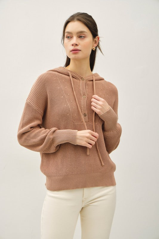 Sedona Trail Chunky Knit Hooded Henley Sweater – Cotton Boxy Fit Hoodie