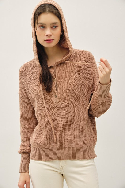Sedona Trail Chunky Knit Hooded Henley Sweater – Cotton Boxy Fit Hoodie