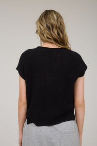 The Brooke Waffle Knit Cap Sleeve Sweater – Black & Camel