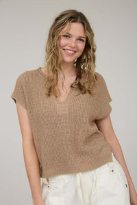 The Brooke Waffle Knit Cap Sleeve Sweater – Black & Camel