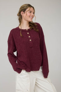 The Brielle Ribbed Henley Top: Burgundy and Cream – Relaxed Waffle Knit Button Pullover