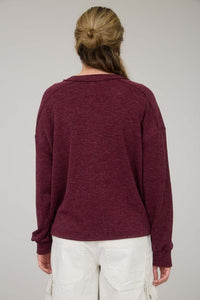 The Brielle Ribbed Henley Top: Burgundy and Cream – Relaxed Waffle Knit Button Pullover