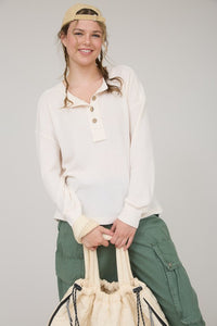 The Brielle Ribbed Henley Top: Burgundy and Cream – Relaxed Waffle Knit Button Pullover