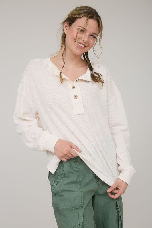 The Brielle Ribbed Henley Top: Burgundy and Cream – Relaxed Waffle Knit Button Pullover