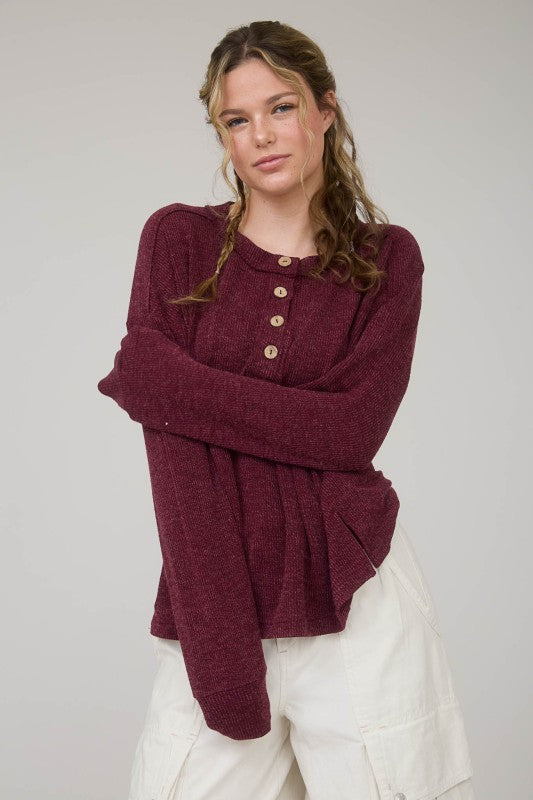 The Brielle Ribbed Henley Top: Burgundy and Cream – Relaxed Waffle Knit Button Pullover