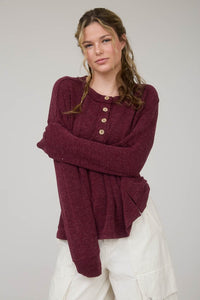 The Brielle Ribbed Henley Top: Burgundy and Cream – Relaxed Waffle Knit Button Pullover