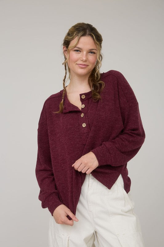 The Brielle Ribbed Henley Top: Burgundy and Cream – Relaxed Waffle Knit Button Pullover