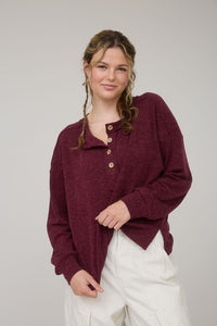 The Brielle Ribbed Henley Top: Burgundy and Cream – Relaxed Waffle Knit Button Pullover