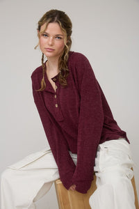 The Brielle Ribbed Henley Top: Burgundy and Cream – Relaxed Waffle Knit Button Pullover