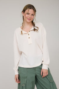 The Brielle Ribbed Henley Top: Burgundy and Cream – Relaxed Waffle Knit Button Pullover