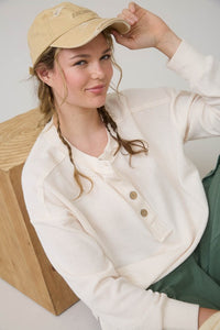The Brielle Ribbed Henley Top: Burgundy and Cream – Relaxed Waffle Knit Button Pullover