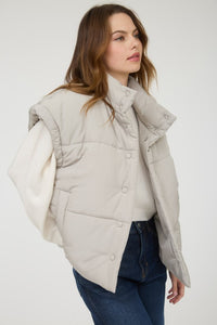 The Raegan Oversized Puffer Vest – Button Snap Quilted Layering Essential- Small-3X (Black & Stone)
