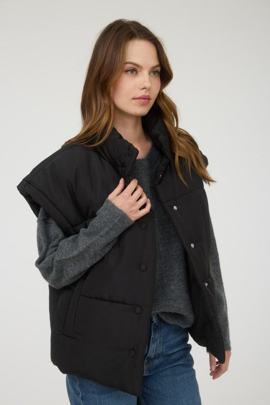 The Raegan Oversized Puffer Vest – Button Snap Quilted Layering Essential- Small-3X (Black & Stone)