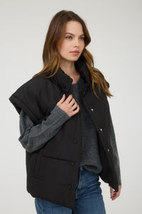The Raegan Oversized Puffer Vest – Button Snap Quilted Layering Essential- Small-3X (Black & Stone)