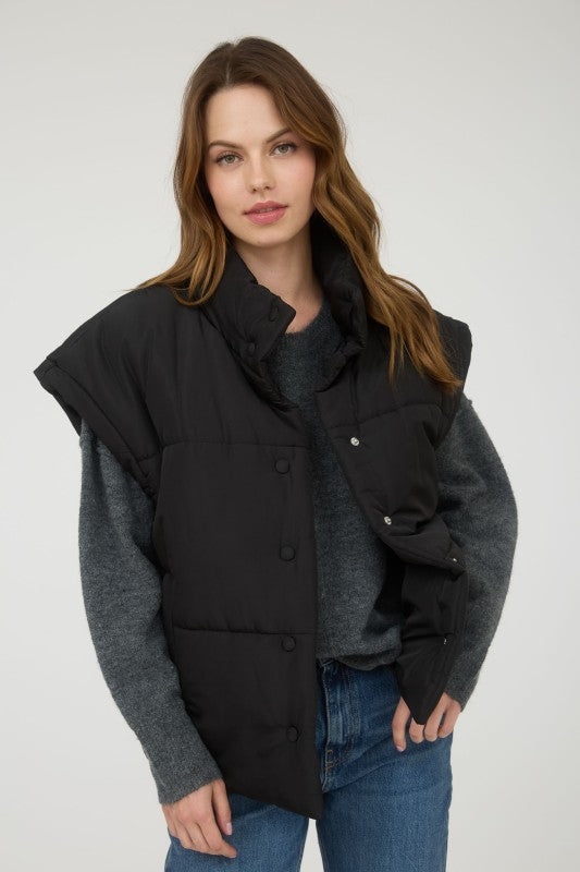 The Raegan Oversized Puffer Vest – Button Snap Quilted Layering Essential- Small-3X (Black & Stone)