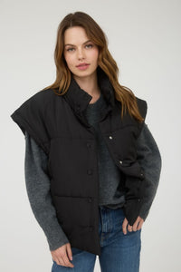 The Raegan Oversized Puffer Vest – Button Snap Quilted Layering Essential- Small-3X (Black & Stone)