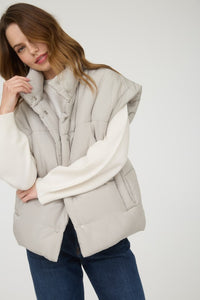 The Raegan Oversized Puffer Vest – Button Snap Quilted Layering Essential- Small-3X (Black & Stone)
