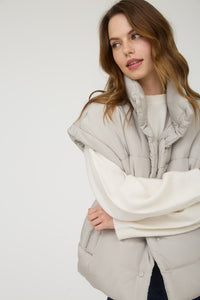 The Raegan Oversized Puffer Vest – Button Snap Quilted Layering Essential- Small-3X (Black & Stone)