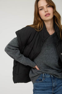 The Raegan Oversized Puffer Vest – Button Snap Quilted Layering Essential- Small-3X (Black & Stone)