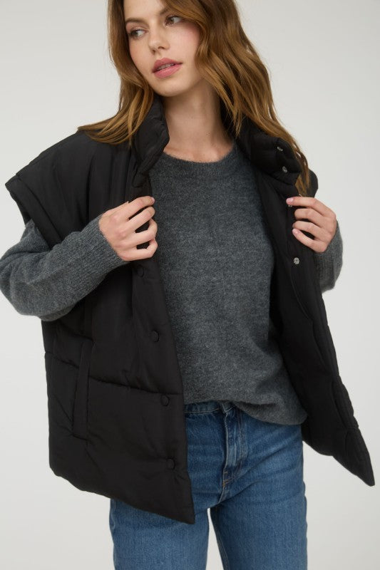 The Raegan Oversized Puffer Vest – Button Snap Quilted Layering Essential- Small-3X (Black & Stone)