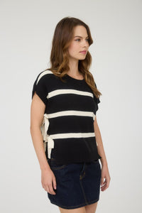Harbor Lane Striped Side-Tie Sweater – Black & Cream