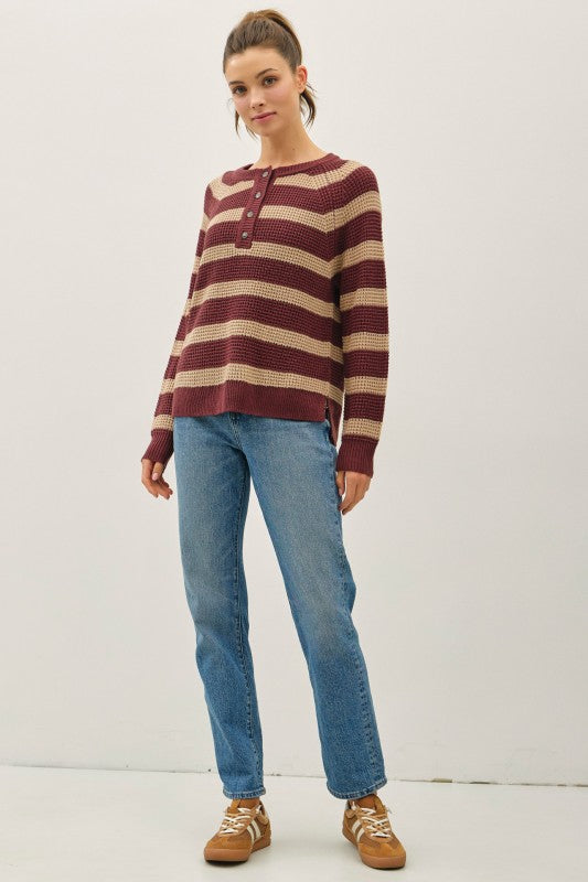 Rowan Striped Henley Sweater – Burgundy & Taupe Waffle Knit Pullover