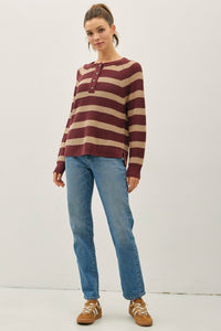 Rowan Striped Henley Sweater – Burgundy & Taupe Waffle Knit Pullover