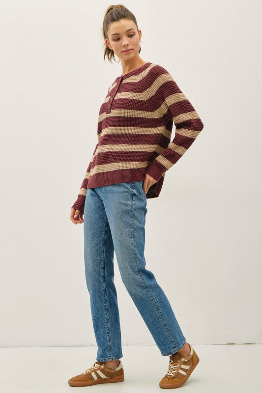 Rowan Striped Henley Sweater – Burgundy & Taupe Waffle Knit Pullover