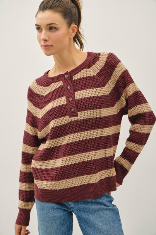 Rowan Striped Henley Sweater – Burgundy & Taupe Waffle Knit Pullover