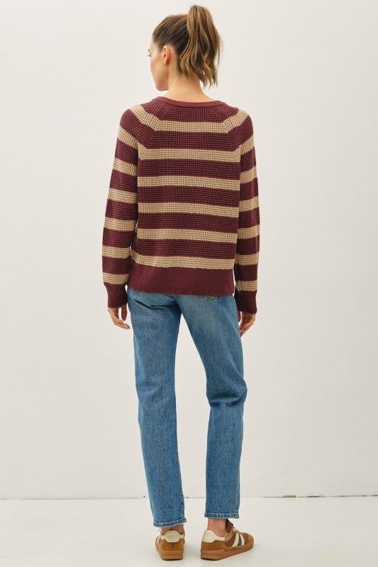 Rowan Striped Henley Sweater – Burgundy & Taupe Waffle Knit Pullover