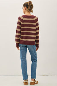 Rowan Striped Henley Sweater – Burgundy & Taupe Waffle Knit Pullover