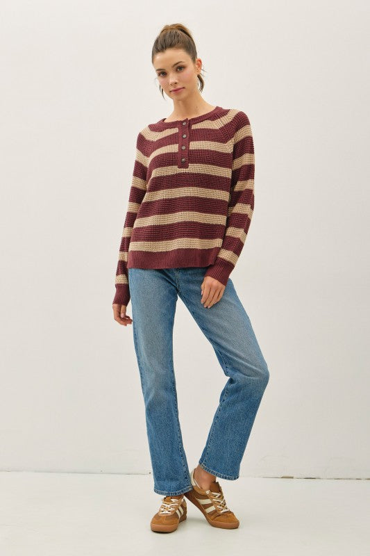 Rowan Striped Henley Sweater – Burgundy & Taupe Waffle Knit Pullover