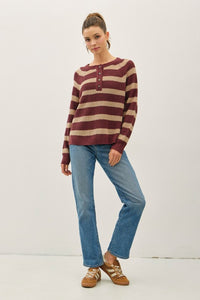 Rowan Striped Henley Sweater – Burgundy & Taupe Waffle Knit Pullover