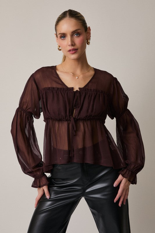 The Renata Sheer Tie-Front Blouse – Deep Brown Chiffon Top