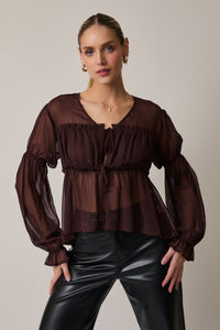 The Renata Sheer Tie-Front Blouse – Deep Brown Chiffon Top