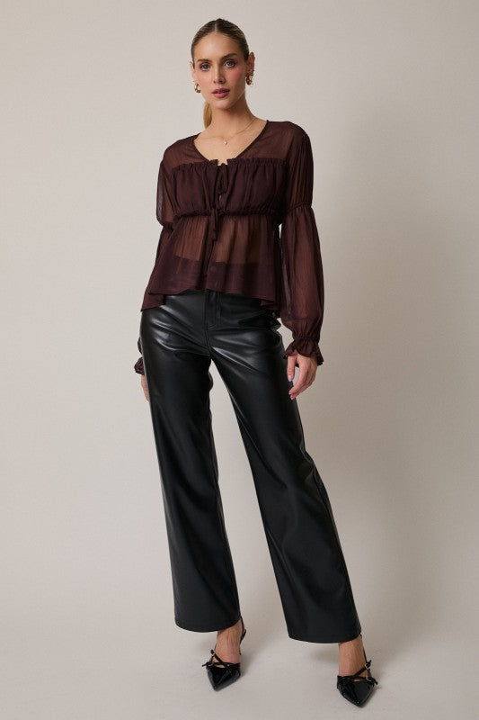 The Renata Sheer Tie-Front Blouse – Deep Brown Chiffon Top