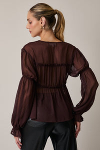The Renata Sheer Tie-Front Blouse – Deep Brown Chiffon Top