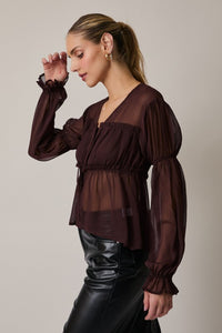 The Renata Sheer Tie-Front Blouse – Deep Brown Chiffon Top