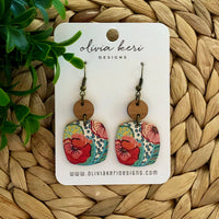 Nora Spring Fling Floral Cork Earrings – Colorful Leather Dangle Earrings with Wood Accent
