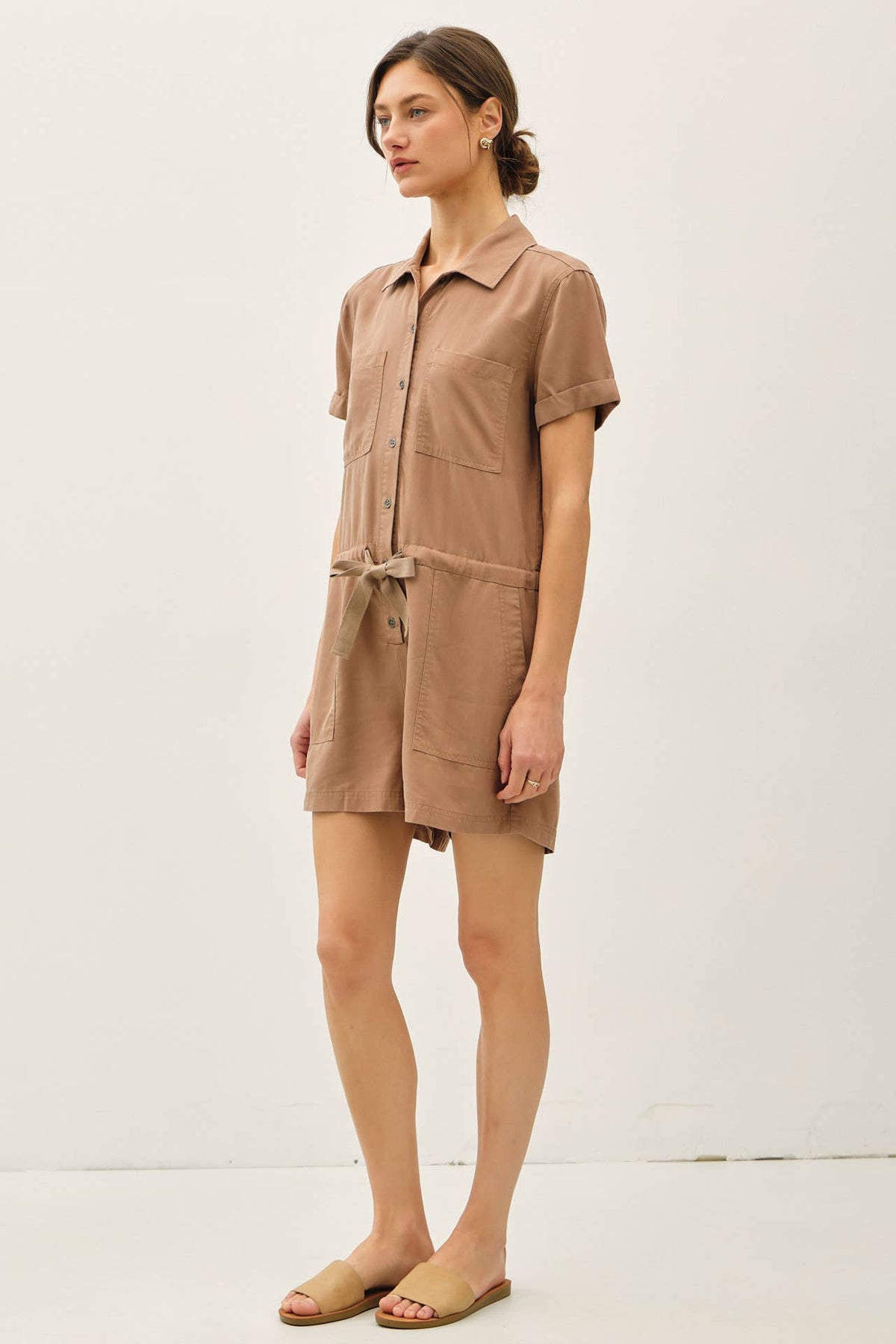 The Harper Button-Up Tencel Romper – Short Sleeve Utility Style