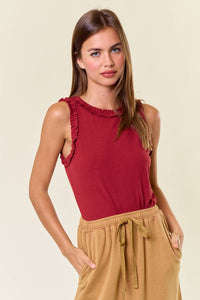The Ivy Ruffle Ribbed Tank – Sleeveless Fitted Top with Ruffle Trim | Stretch Knit Crew Neck Tank