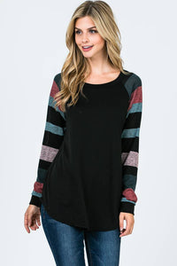 Lisa Stripe Sleeve Casual Blouse: Jade/ Black