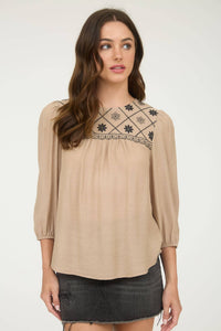 The Rylie Embroidered Yoke Blouse – 3/4 Sleeve Boho Top (Navy or Taupe)