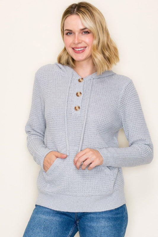 The Marnie Waffle Knit Hoodie – Light Grey Button Neck Pullover