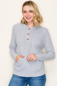 The Marnie Waffle Knit Hoodie – Light Grey Button Neck Pullover